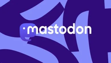 Mastodon logo with elephant icon on a purple and blue abstract background.