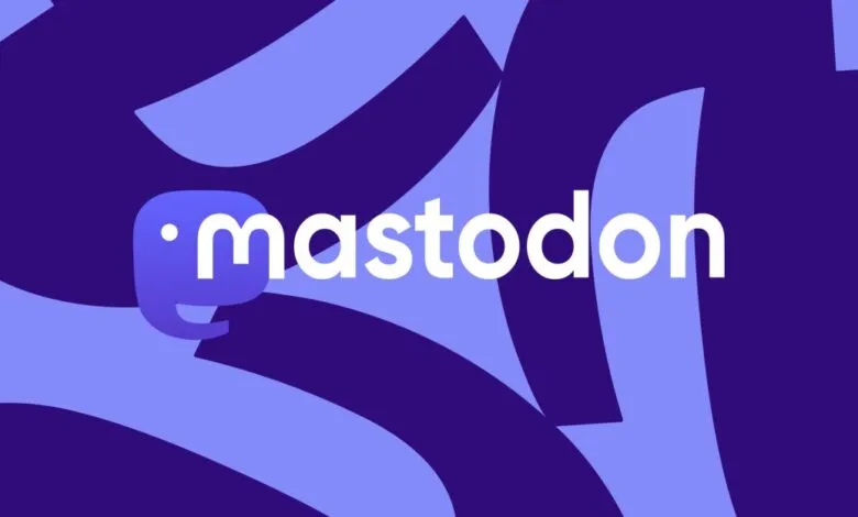 Mastodon logo with elephant icon on a purple and blue abstract background.