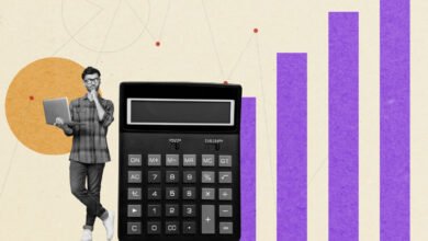 Man with laptop and calculator contemplating data analysis with a bar graph background.