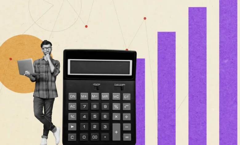 Man with laptop and calculator contemplating data analysis with a bar graph background.