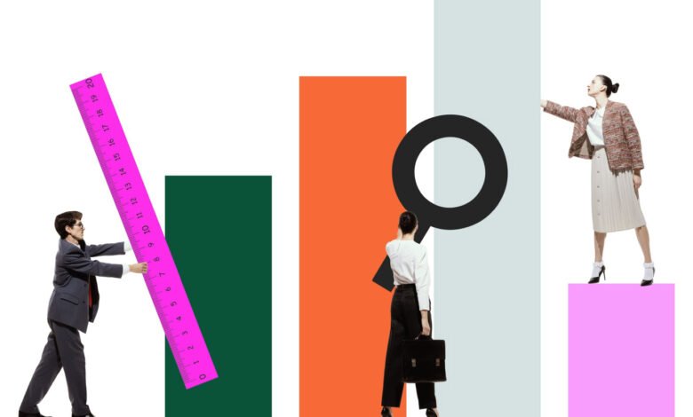 Business professionals interacting with abstract graphic elements representing data and measurement.