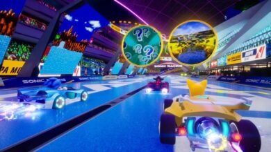 Sonic the Hedgehog characters racing in futuristic karts on a vibrant blue track.