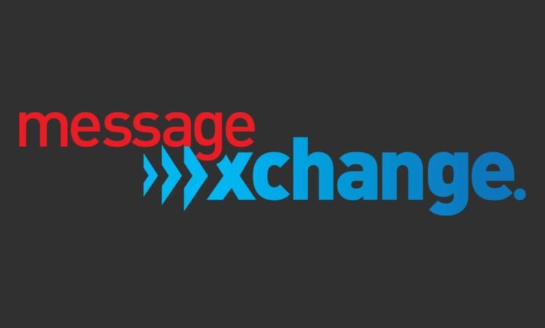 The words 'message' in red and 'xchange.' in blue, with blue arrows between them.