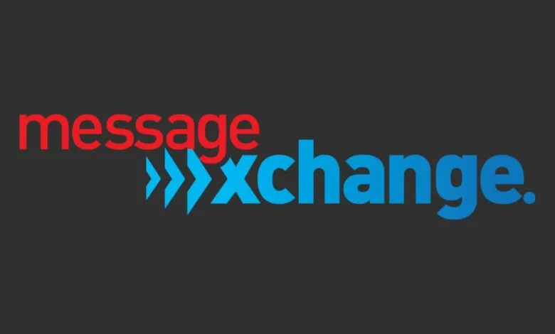 The words 'message' in red and 'xchange.' in blue, with blue arrows between them.