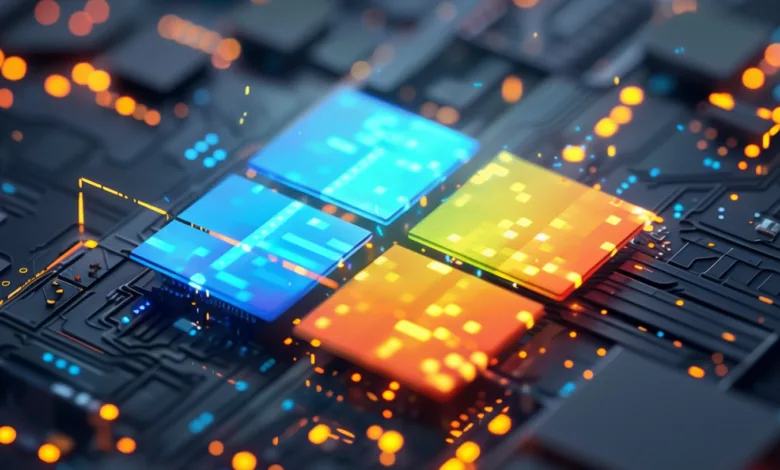 Close-up of a futuristic circuit board with glowing blue and orange processors.