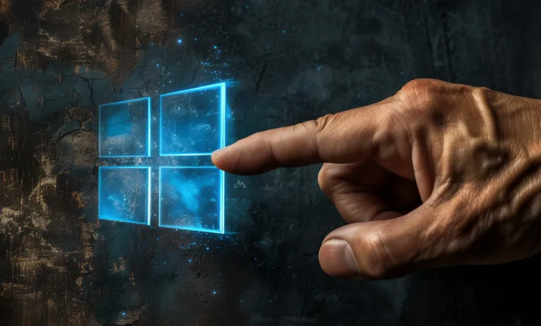 A human finger touches the glowing blue Windows logo on a textured dark background.