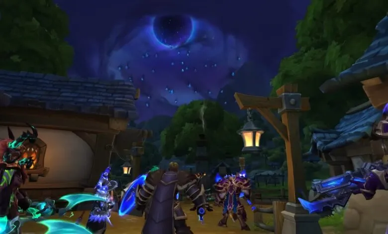 Fantasy characters in armor gather under a dark, starry sky with a glowing eye.