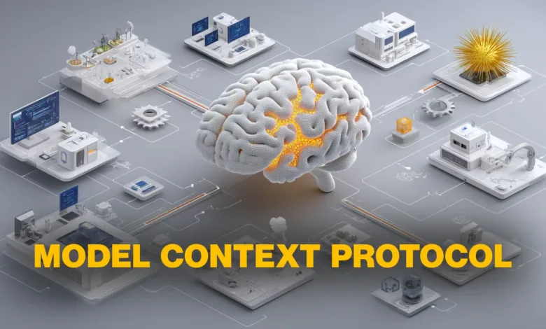 Abstract representation of a brain connected to various technological modules and data streams.