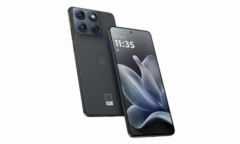 Two dark gray Motorola Edge 70 smartphones displayed against a white background.