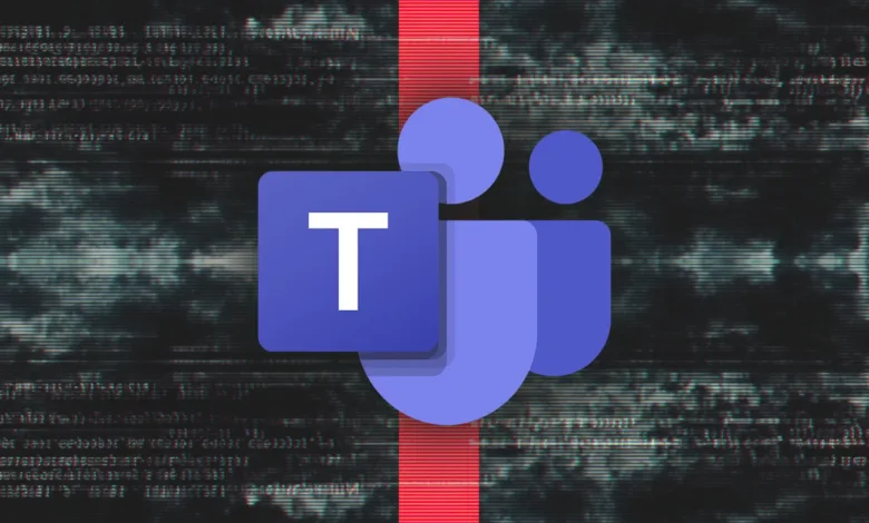 Microsoft Teams logo against a glitchy, dark background with code.