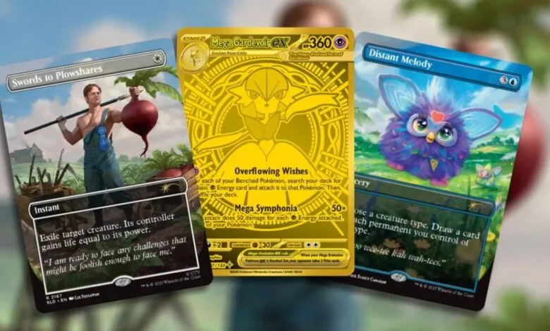 Three collectible trading cards: Swords to Plowshares, Mega Gardevoir EX, and Distant Melody.