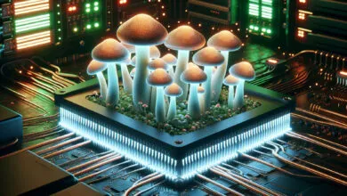 A cluster of glowing mushrooms growing from a computer processor on a circuit board.
