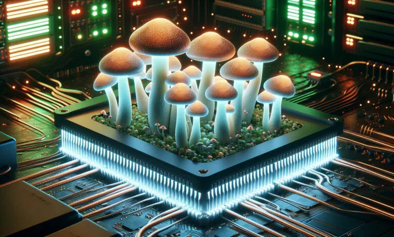 A cluster of glowing mushrooms growing from a computer processor on a circuit board.