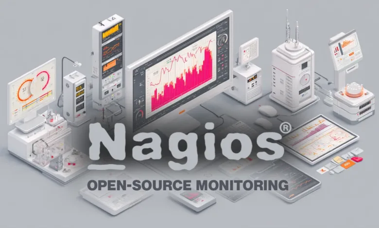 Nagios open-source monitoring system with various screens and devices.