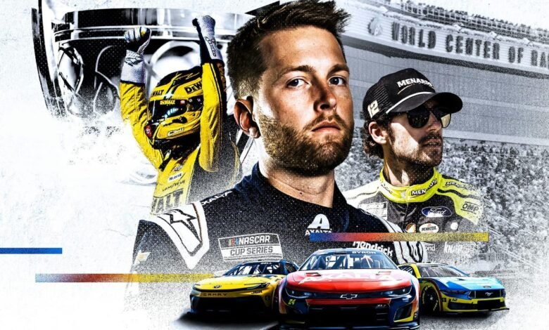 NASCAR Cup Series drivers William Byron and Chase Elliott with race cars and trophy.