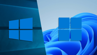Split screen showing Windows 10 and Windows 11 logos against their respective wallpapers.