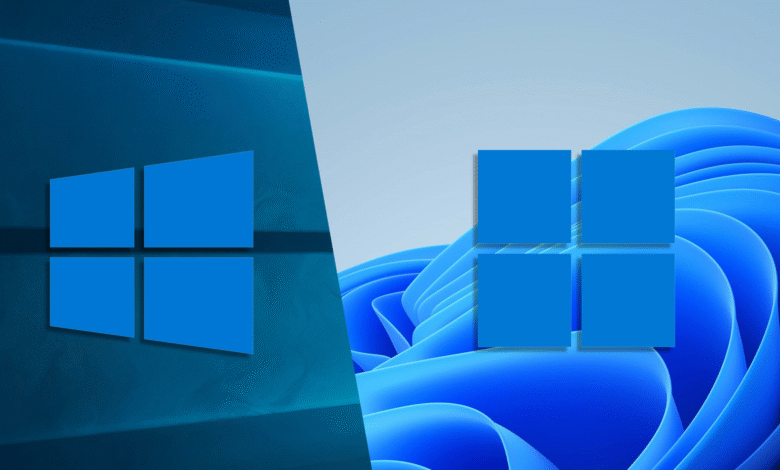 Split screen showing Windows 10 and Windows 11 logos against their respective wallpapers.