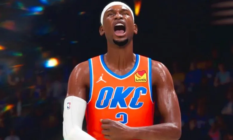 Basketball player in an orange OKC jersey shouting with his mouth open.
