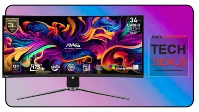 MSI MAG 34-inch UWQHD 175Hz QD-OLED gaming monitor with vibrant abstract wallpaper.