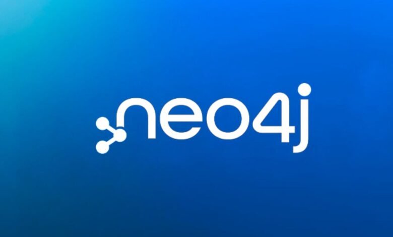 Neo4j logo with a white abstract node symbol and text on a blue gradient background.