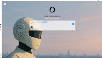 Close-up of a futuristic robot's head with a chat interface asking about humans serving cats.