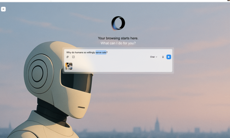 Close-up of a futuristic robot's head with a chat interface asking about humans serving cats.