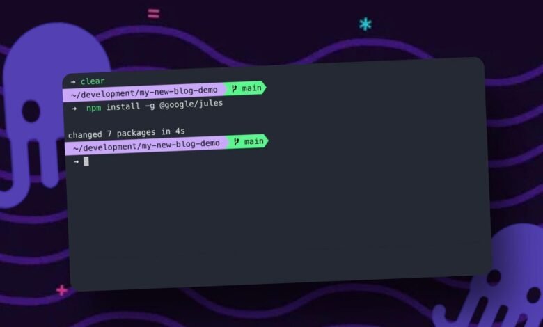 A terminal window showing the command 'npm install -g @google/jules' being executed.
