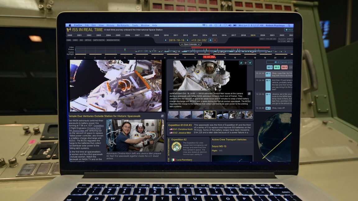 Laptop screen displaying ISS in Real Time software with astronaut images and mission data.