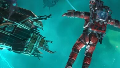 Astronaut in red suit floating near a large, complex spaceship in a teal nebula.