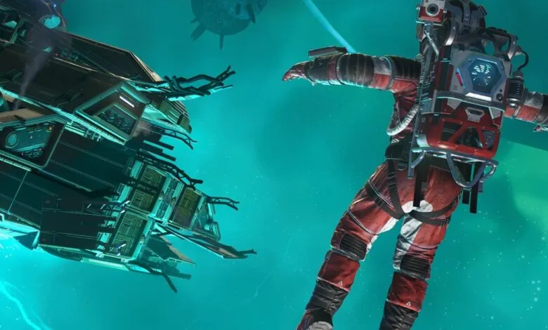 Astronaut in red suit floating near a large, complex spaceship in a teal nebula.
