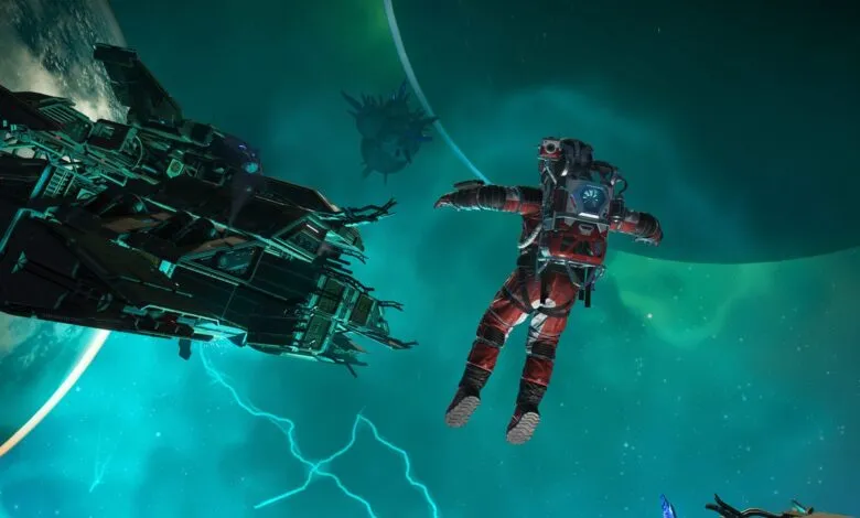 Astronaut in red suit floating near a large spaceship in a teal nebula.