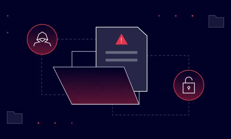 Illustration of a hacker icon, a document with a warning symbol, and an unlocked padlock.