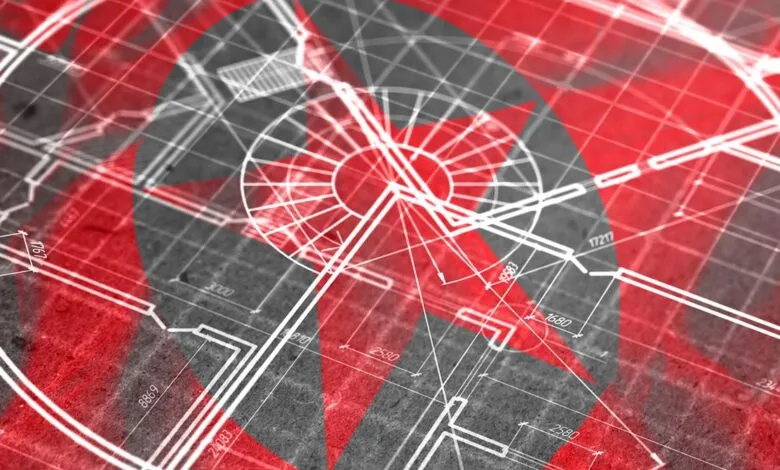 Overlay of North Korean flag on architectural blueprints with red accents.