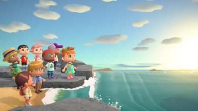 A group of diverse Animal Crossing characters stand on a rocky shore overlooking the ocean at sunset.