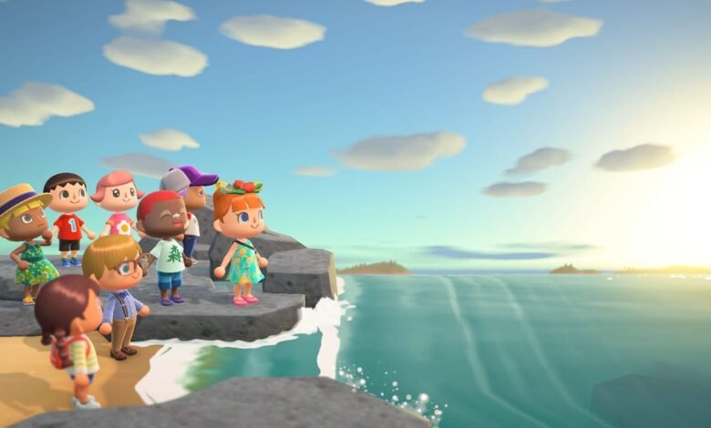 A group of diverse Animal Crossing characters stand on a rocky shore overlooking the ocean at sunset.