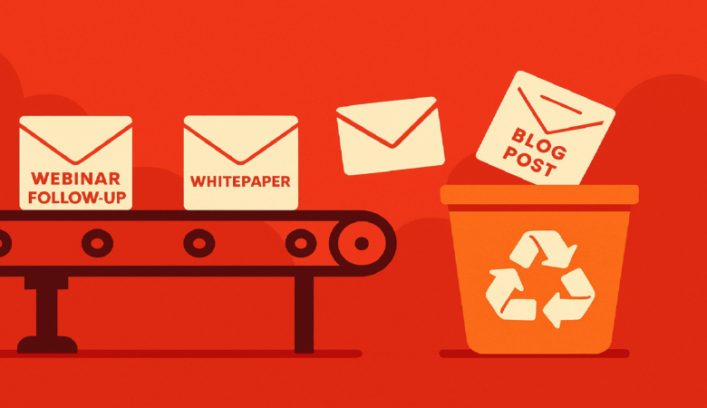 Illustration of emails for webinar follow-up and whitepaper on a conveyor belt, with a blog post email being discarded into a trash bin.