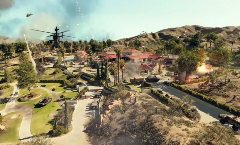 Military helicopters and vehicles engaged in combat near a large villa.