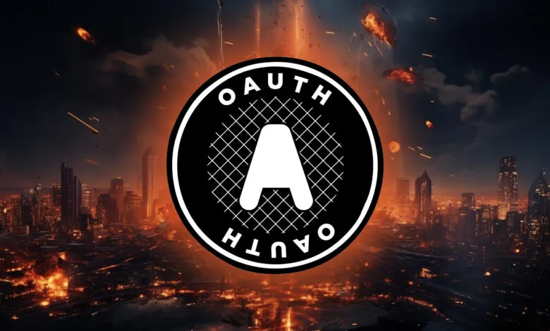A circular logo with 'OAUTH' and an 'A' inside, superimposed over a burning city skyline at night.