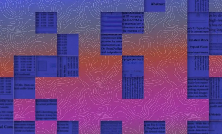 Abstract mosaic of text snippets and topographic lines in purple and orange gradient.