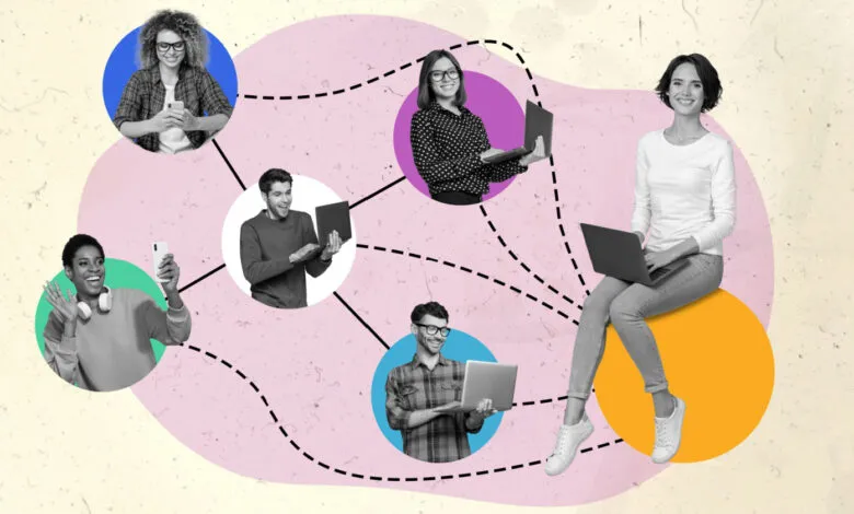 Diverse group of people connecting online via laptops and phones, illustrated with dashed lines.