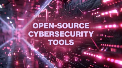 Text overlay reads 'OPEN-SOURCE CYBERSECURITY TOOLS' against a futuristic, digital background with pink lights.