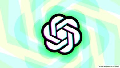 The OpenAI logo, a stylized knot, is centered against a background of overlapping teal and yellow geometric shapes.