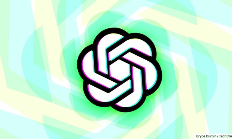The OpenAI logo, a stylized knot, is centered against a background of overlapping teal and yellow geometric shapes.