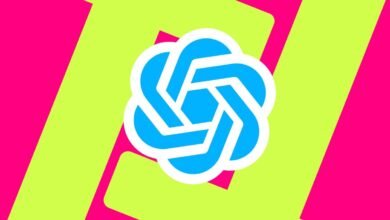 The OpenAI logo, a blue stylized hexagon, is centered on a vibrant background of lime green and hot pink.