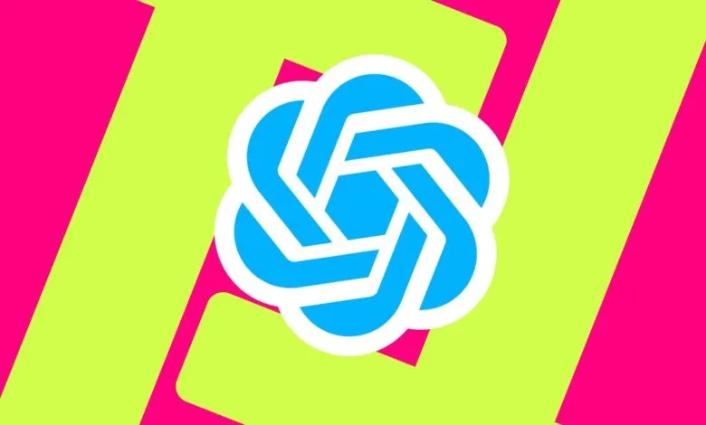 The OpenAI logo, a blue stylized hexagon, is centered on a vibrant background of lime green and hot pink.