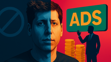 Sam Altman split between a 'no' symbol and an 'ADS' sign with coins