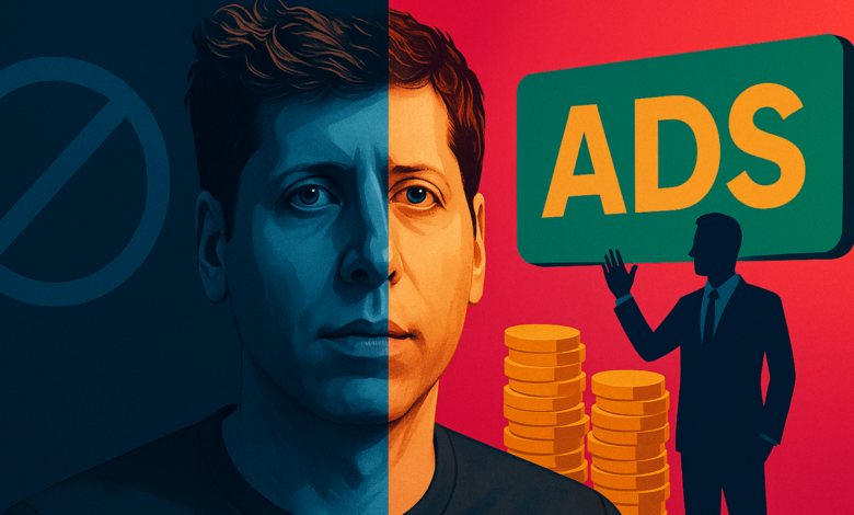 Sam Altman split between a 'no' symbol and an 'ADS' sign with coins