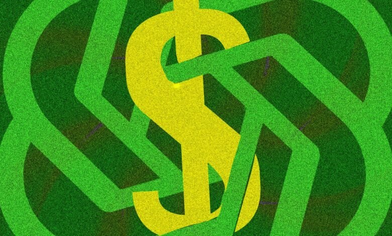 A bright yellow dollar sign is superimposed over a background of interlocking green lines and a textured green surface.