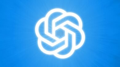 The glowing white OpenAI logo against a bright blue background with radiating light effects.
