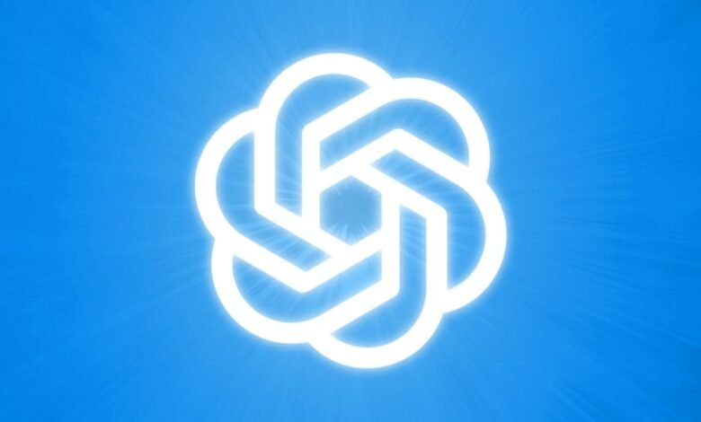 The glowing white OpenAI logo against a bright blue background with radiating light effects.